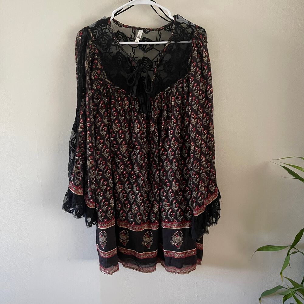 Free People Womens Medium Nomad Child Peasant Dress Black Lace Fairy Boho